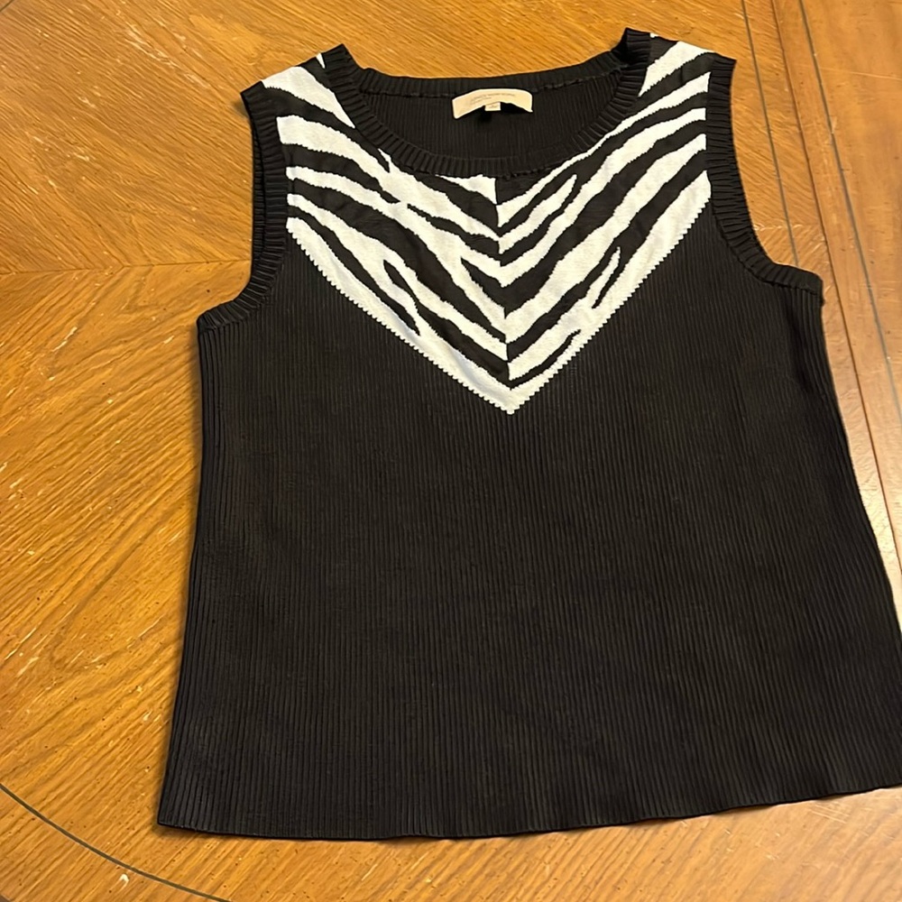 Zebra print sleeveless rib knit sweater tank top size large jones New York EUC